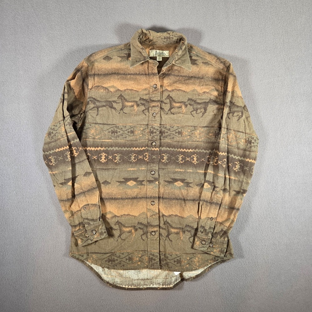 Cabelas Shirt Womens Small Western Horse Aztec Chamois Cotton Flannel Button Up
